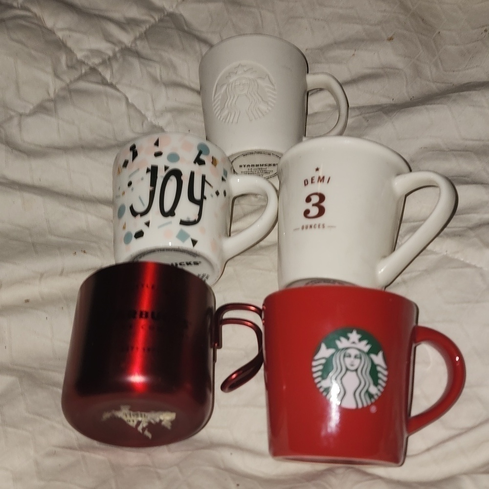 Five Starbucks Vintage Demi Coffee Cups and Original Wall Art